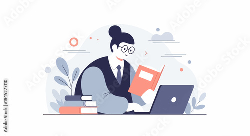 Person with glasses reading a book and using a laptop with books