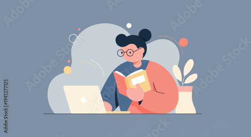 Person with glasses reads a book while looking at a laptop, plant nearby