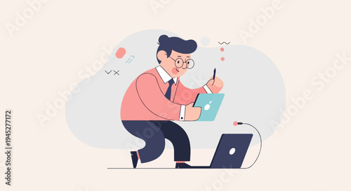 Stylized person working on laptop with microphone nearby