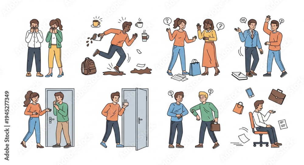 Fototapeta premium Funny Awkward Social Situations Everyday Embarrassing Moments Vector Illustration