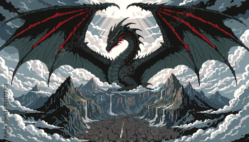 Epic Pixel Art Dragon Over Medieval Mountain Kingdom Landscape