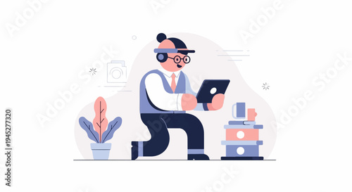 Person with headphones and tablet, kneeling near plants and books
