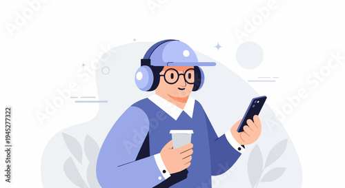 Person with headphones, glasses, holding coffee cup and smartphone