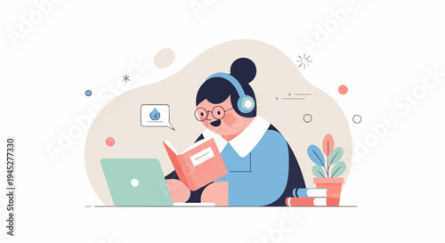 Person with headphones, glasses, reading a book, with a laptop and plant