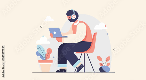 Person with headphones on laptop, plants, clouds, simple background