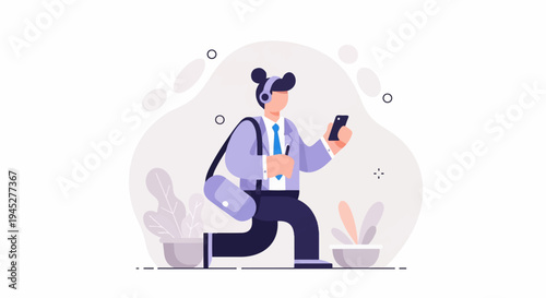 Person with headphones, phone, bag, and plants