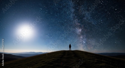 Silhouette of a person standing on a grassy hill. Bright moon shines in a dark starry night sky with the Milky Way galaxy visible.