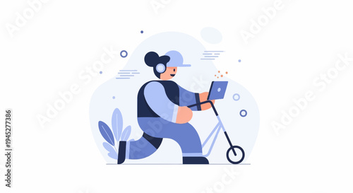 Person with headphones riding scooter while using laptop and headphones