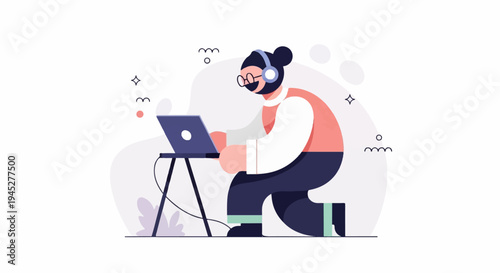 Person with headphones works on laptop, kneels with simple background