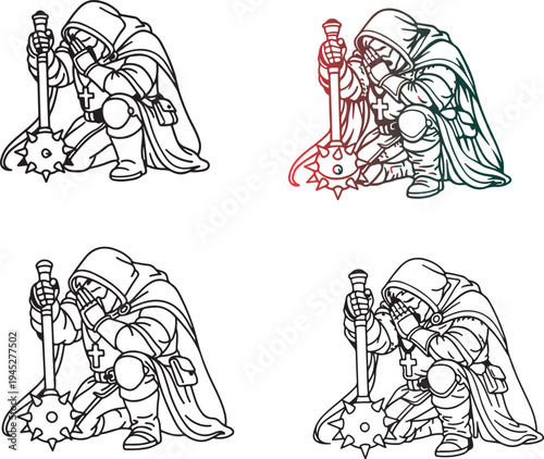 Minimal Monoline Vector Line Art of Kneeling Crusader Knight Praying with Morning Star Mace, Medieval Religious Warrior Symbol, Clean Black Outline EPS Illustration Isolated on Transparent Background.