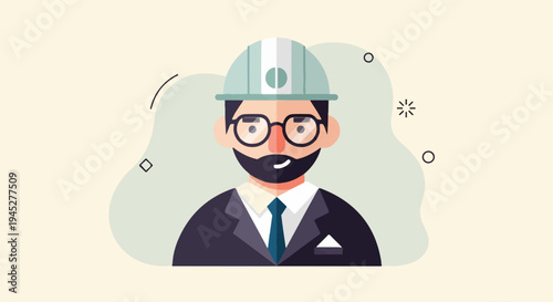Stylized portrait of a bearded professional man wearing a hard hat and glasses