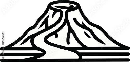 Stylized outline of a volcano with a river flowing down its side