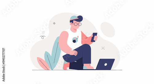 Person with laptop and phone interacting digitally