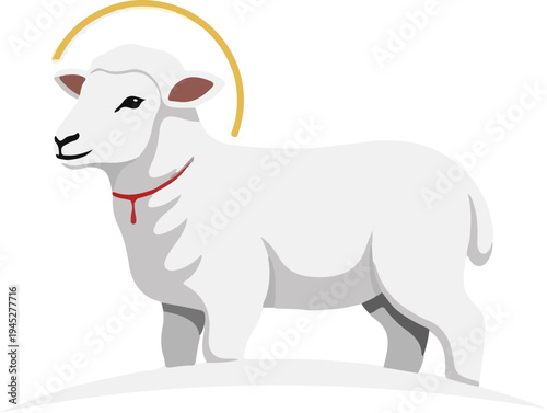 Stylized white lamb with a golden halo and red collar on white