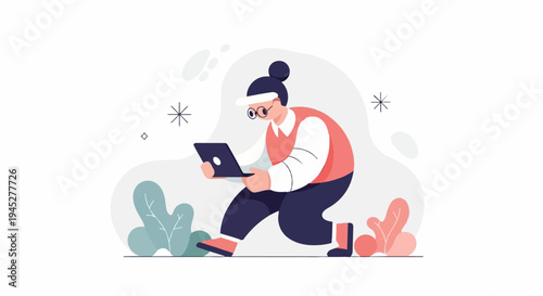 Person with laptop and winter hat among abstract plants
