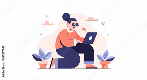 Person with laptop and potted plants, stylized flat design