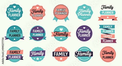 Creative family planner typography logos, colorful badge designs, parenting branding graphics, heart and star elements, organizational icons, flat vector illustration