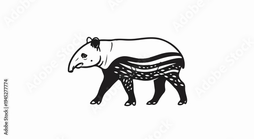 Stylized black and white illustration of a tapir with short legs and distinctive markings