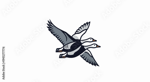 Two stylized geese in flight, wings spread, black and white