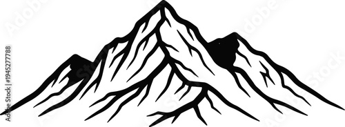 Stylized black and white illustration of a mountain range with sharp peaks and rugged slopes