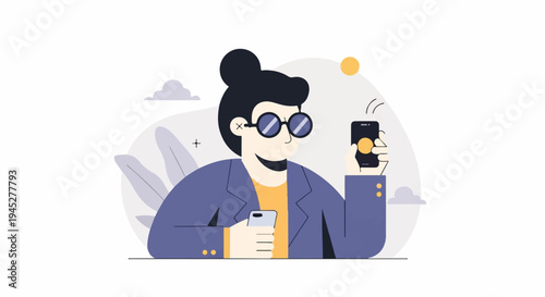 Person with round glasses holding two phones, one in each hand