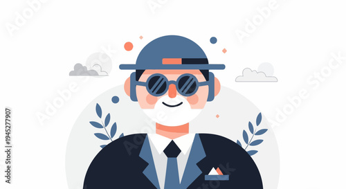 Stylish elderly gentleman in a suit with glasses and hat