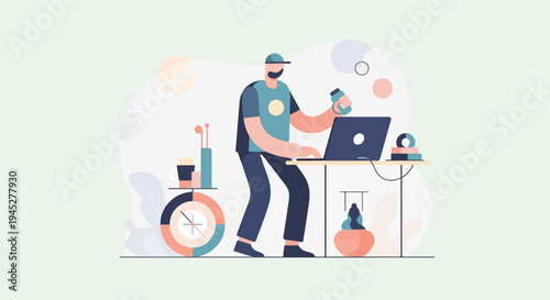 Person working on laptop with accessories on desk and background abstract shapes