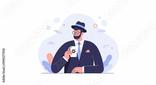 Stylish man in suit and hat holds a camera, looking off to the side