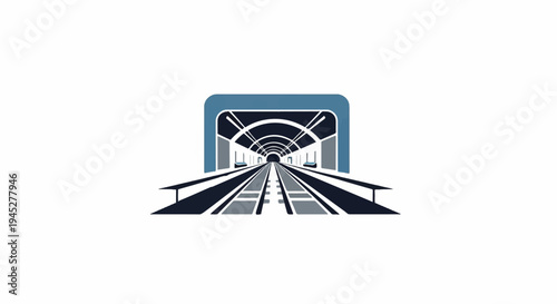 Perspective view of a train tunnel with illuminated arches and tracks