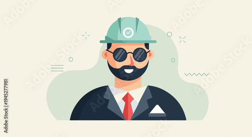 Stylized portrait of a man with beard, hard hat, and glasses