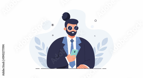 Stylish man with beard and bun holding phone, wearing suit and sunglasses
