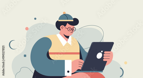 Person wearing glasses and hat using a laptop computer