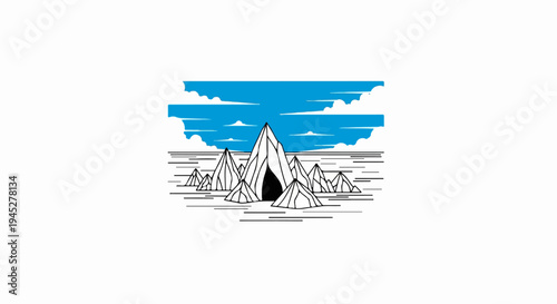 Stylized peaks with an opening under a cloudy blue sky