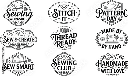 Creative sewing workshop typography logos, crafting badge designs, handmade branding graphics, textile art elements, scissors thread icons, flat vector illustration