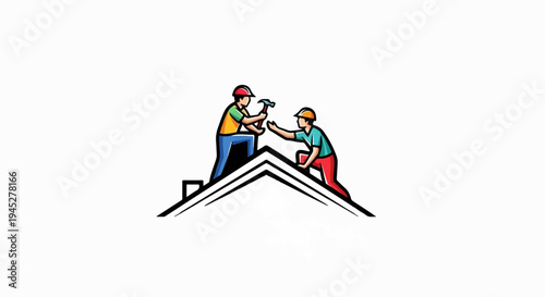 Two workers in hard hats building a roof with hammers and materials