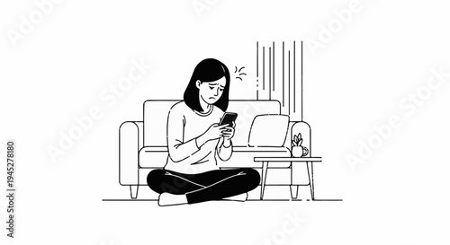 Upset person sits cross-legged on floor using phone next to couch