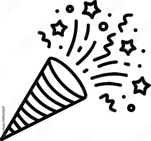 Party popper confetti explosion line art outline vector icon for celebration event