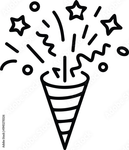 Party popper confetti explosion line art outline vector icon for celebration event