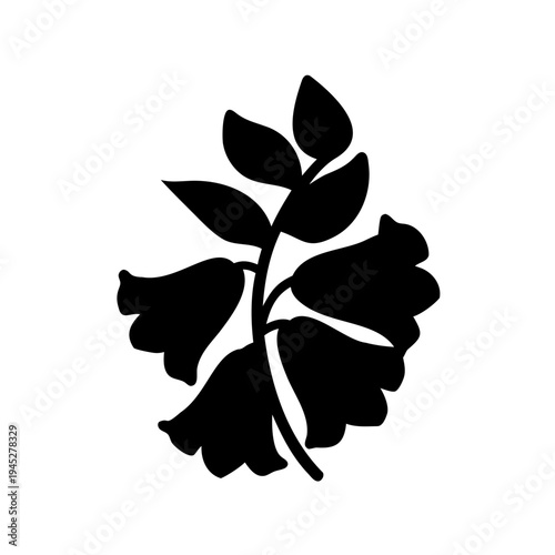 Elegant black silhouette of a bellflower branch against a white background