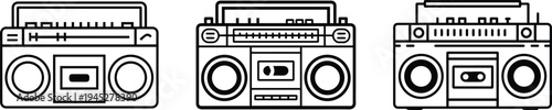 Set of Retro boombox radio cassette player line art outline vector icon