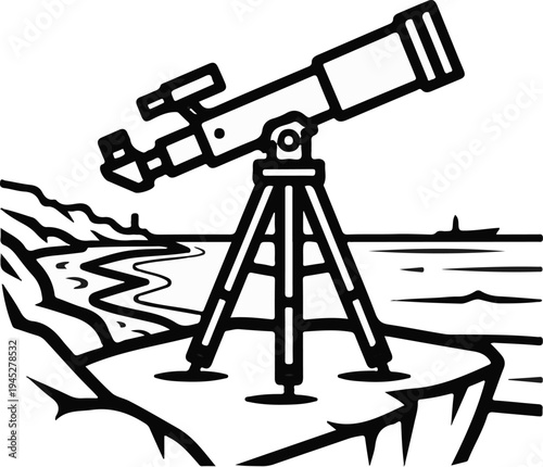 Telescope on tripod set up by a shoreline overlooking the sea with distant ships