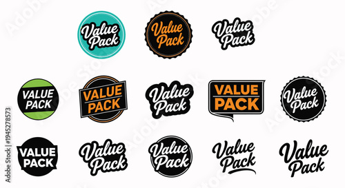 Creative value pack typography logos, promotional text badges, bold lettering styles, marketing branding graphics, product packaging elements, flat vector illustration