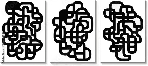 Three abstract illustrations of complex maze-like black and white patterns