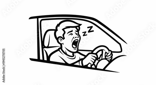 Tired driver with eyes closed, yawning behind the steering wheel