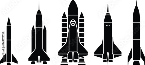 Rocket and space shuttle icon set, vector silhouettes of rockets missiles and aerospace vehicles for space exploration technology and transport themed design.
