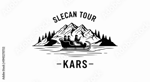 Vintage winter scene with people in a sleigh, mountains, trees, and water