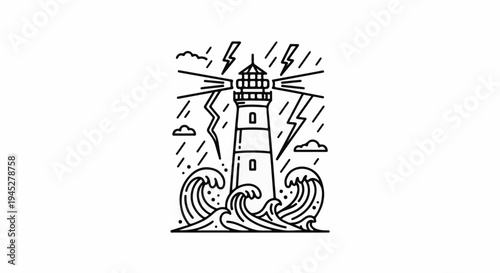 Towering beacon braves stormy seas with lightning strikes and waves