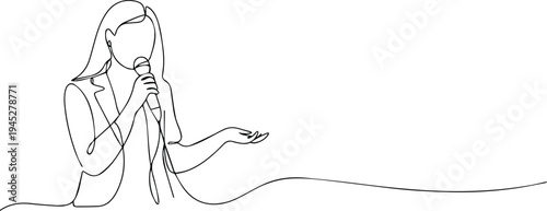 Woman speaking microphone continuous line art outline vector icon