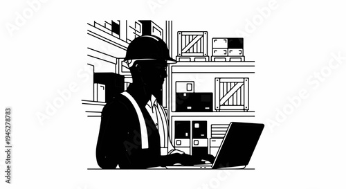Warehouse worker at laptop among shelves of crates