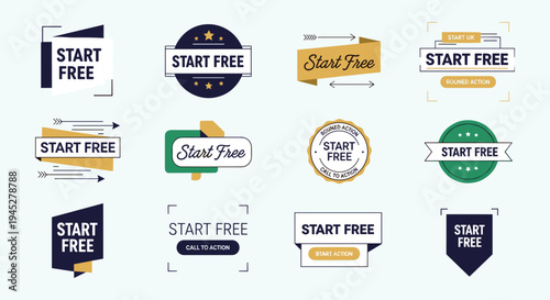 Start Free badge collection, promotional typography design, marketing emblem set, call to action logo concept, stylish lettering style, flat vector illustration